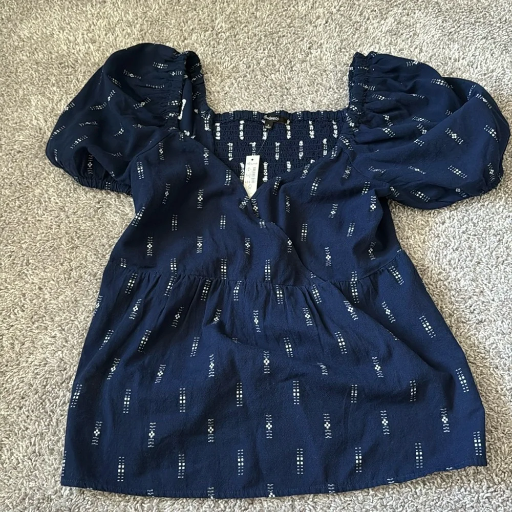Navy Puff-Sleeve Square-Neck Blouse with White Dot Accent